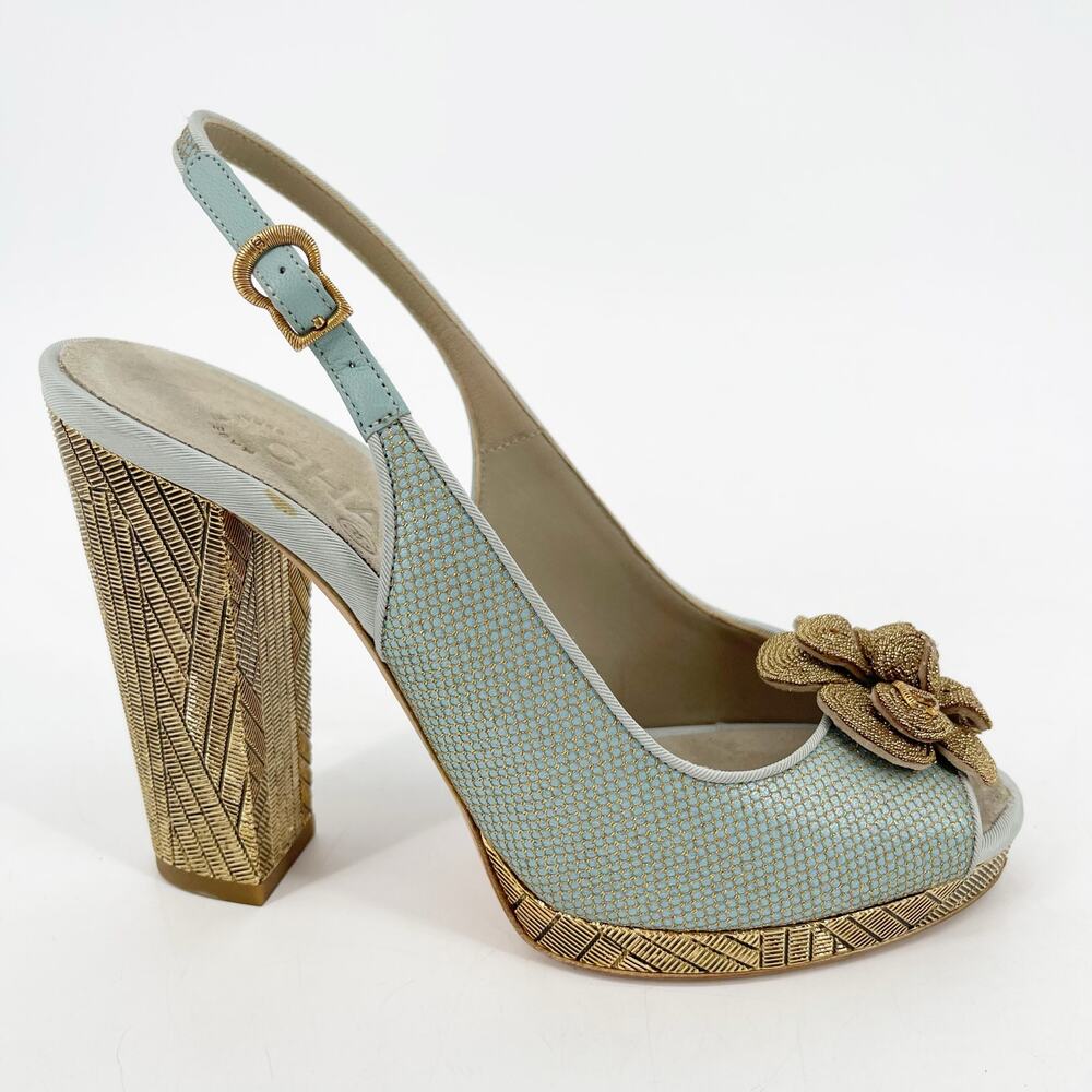 Chanel Cruise 2013 Metallic Gold Teal Satin Camellia Flower Slingback Heels 36C - Picture 2 of 13